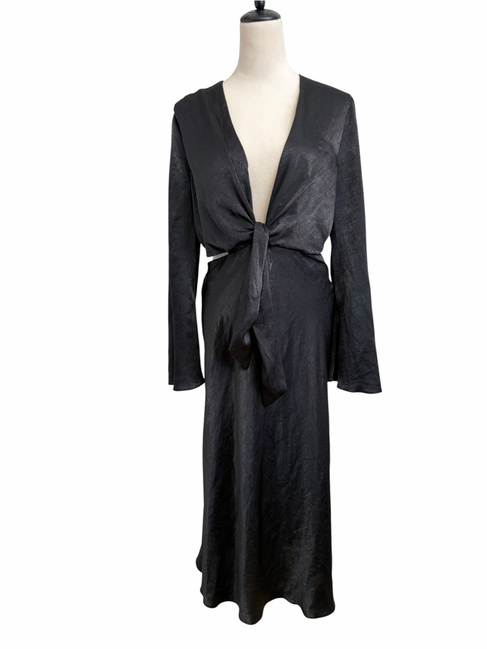 ASOS Black Satin Tie-Front Cut Out Midi Dress - Picture 4 of 9